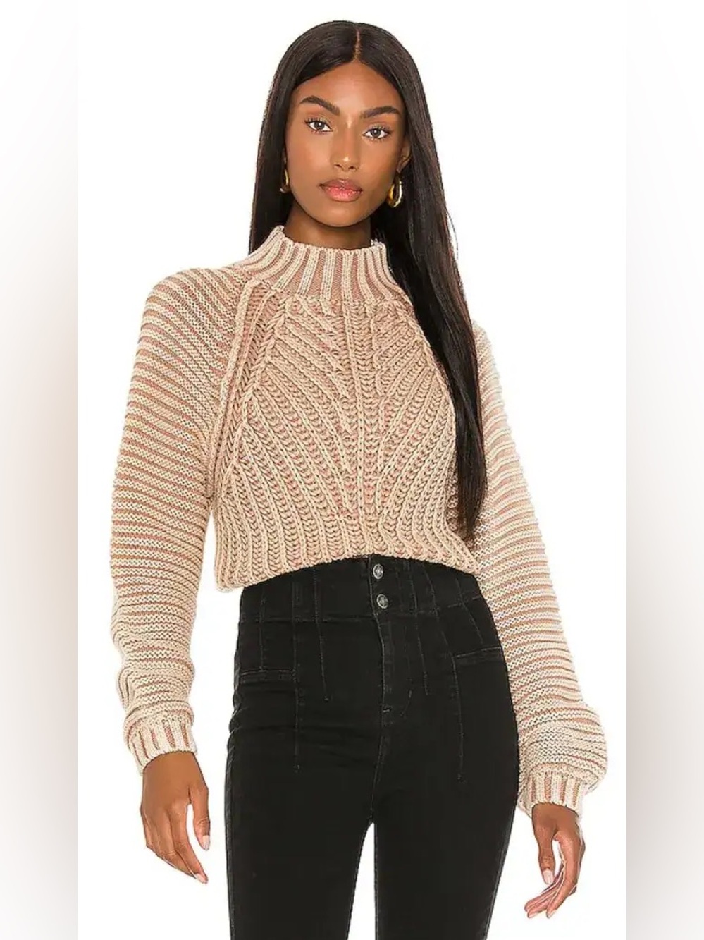 Free People Sweetheart Sweater S Sand Castle Chunky Cable Knit Mock Neck Cozy